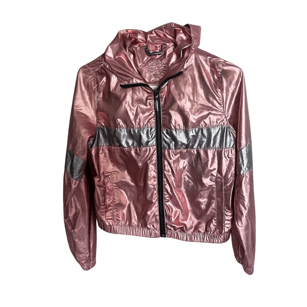 Joujou Womens Metallic Rose Gold Windbreaker Jacket Hooded Y2K Festivals